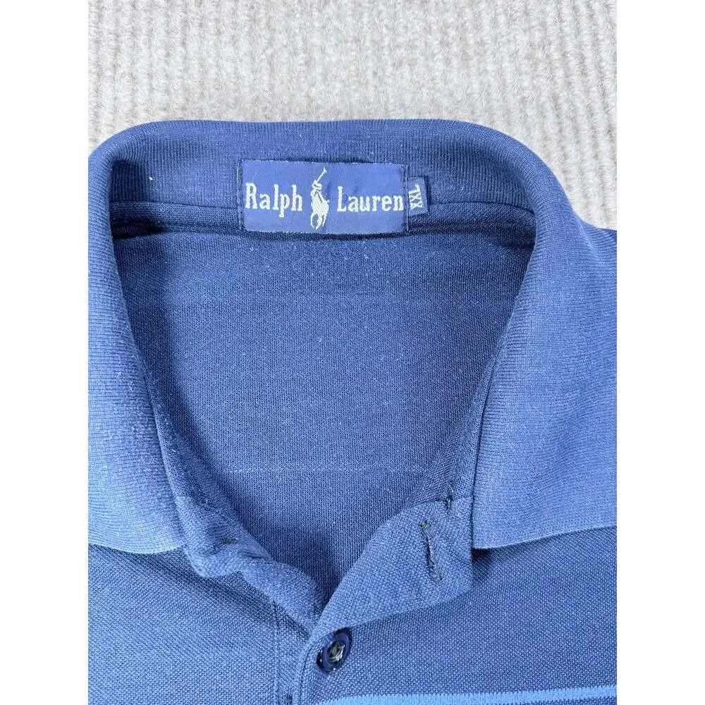 Ralph Lauren Men XXL Striped Polo Shirt Navy Blue Cotton Blend Short Sleeve